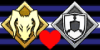 A gif with Morgan's sprite on the left and Mash's sprite on the right. The background is the colors of the leather pride flag. A heart blinks in and out of the picture.