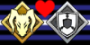 A banner with the golden berserker sigil on the left and the silver shielder sigil on the right. The background is the leather pride flag. There is a heart between them.