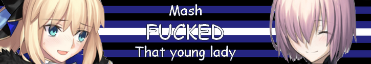A banner with Tonelico's sprite on the left and Mash's sprite on the right. The background is the colors of the leather pride flag. The text reads 'Mash fucked that young woman'